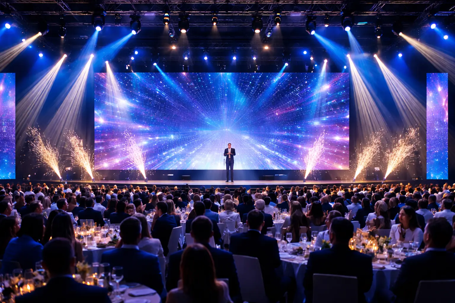 Corporate event stage setup with lighting and audience